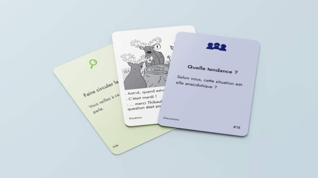 illustration de 3 carters issues du jeu Stéréozoo. Une carte aide, une carte situation et une carte discussion